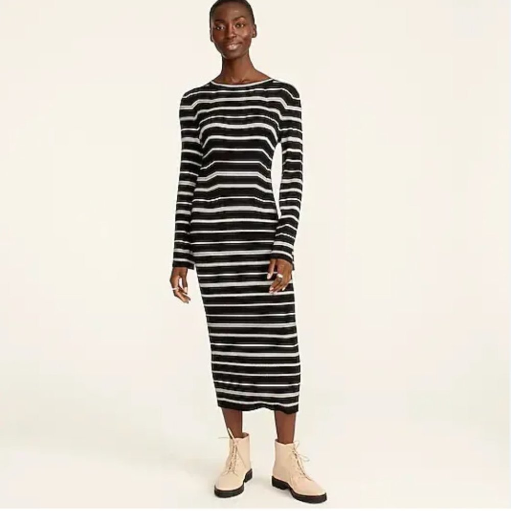 J. Crew Knit Ribbed Sweater Dress Mixed Stripe Bell Sleeve-  Black Ivory - NWT